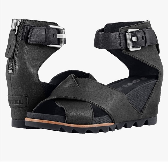 Sorel Black Leather Joanie ll Wedge Lace Up Sandals Size 9 EUC! - Picture 3 of 10